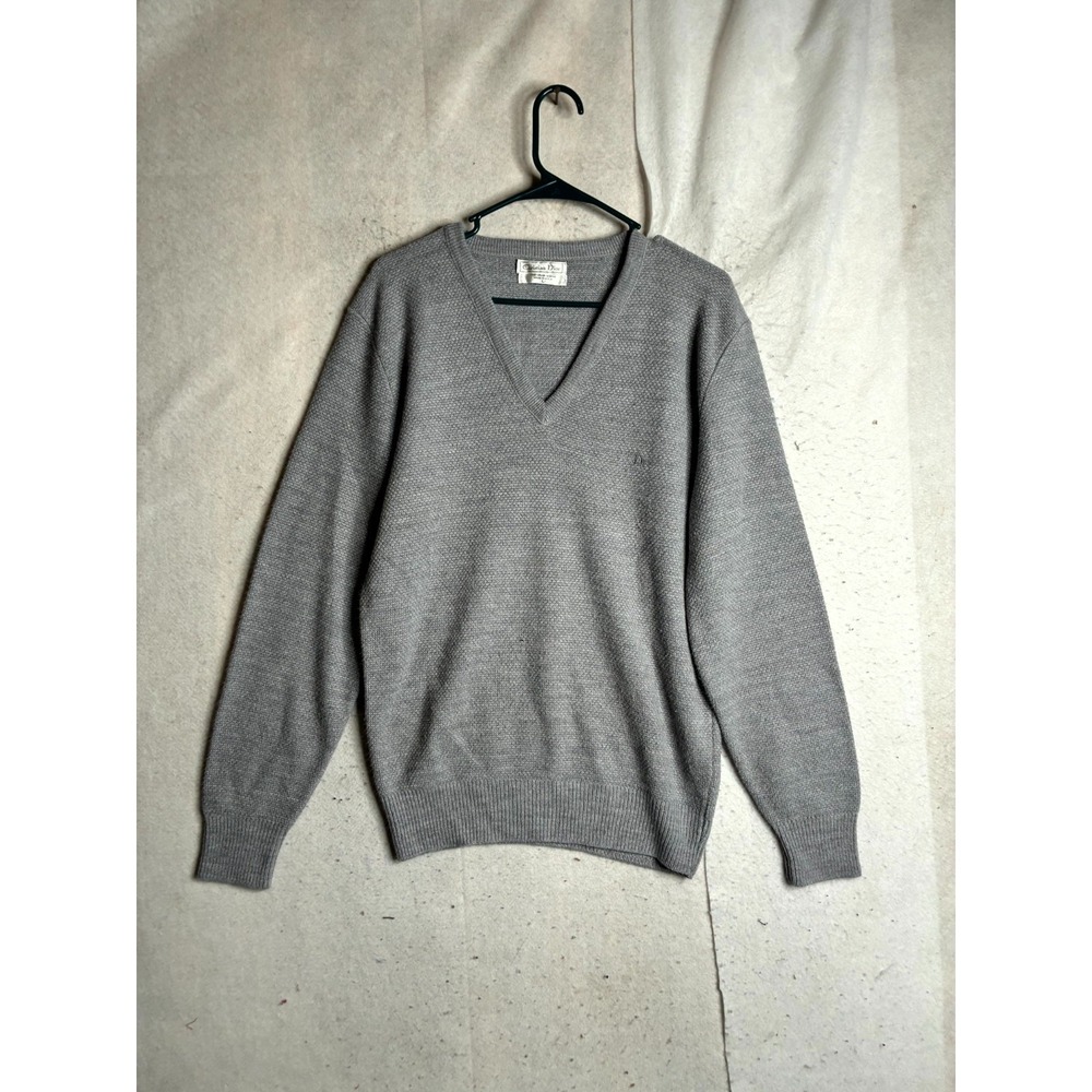 Vintage Y2K Christian Dior Sweater Mens Large Gray Tight Knit Ribbed Hem V Neck